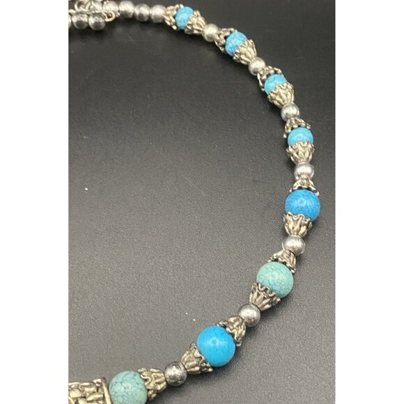 Faux Turquoise Beads Necklace Tibetan Silver Leaves Tribal Lady's Torque 14-17" - Picture 3 of 8